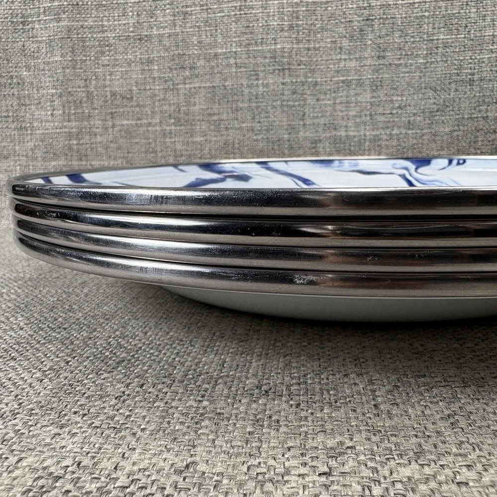 Pottery Barn Marbled Enamel Dinner Plates Blue White Swirl Set of 4 10